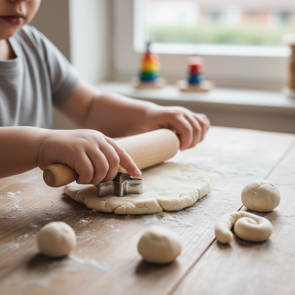 Un bambino stende l'impasto su un tavolo di legno usando un matterello sopra una forma per biscotti a stella.